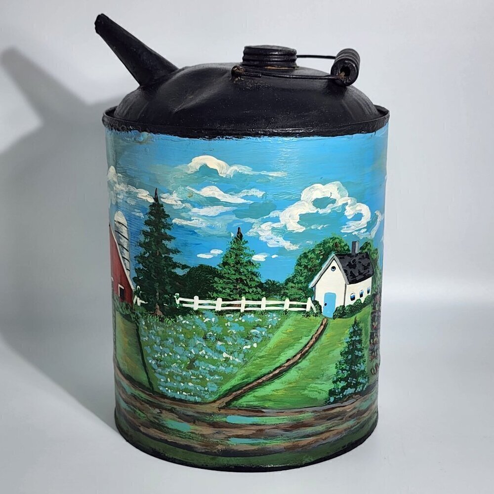 Hand Painted Vintage Metal Oil Can Farm Scene John Deere Tractor Route 66 Art - Picture 3 of 12